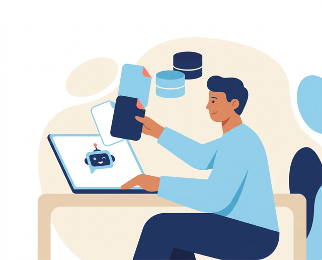Builder assembling the robot while documents and a database feed into it
