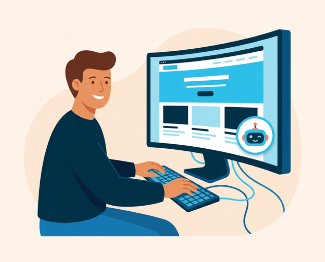 Hands placing the robot as a chat widget on a web page