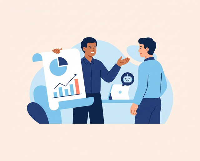Robot pointing at charts on a monthly report